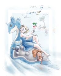 1girl alolan_exeggutor alolan_form barefoot blonde_hair blue_dress blue_eyes cherubi cocktail_glass cup dress drinking_glass flamigo gen_1_pokemon gen_3_pokemon gen_4_pokemon gen_7_pokemon highres lapras mgishere nintendo pokemon pokemon_(creature) shinx short_hair smile sundress sunglasses taylor_swift vulpix water wingull