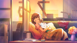 1girl amami_haruka bow brown_hair closed_eyes couch flower idolmaster idolmaster_(classic) lying official_art pillow red_bow sleeping table