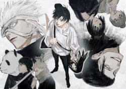 4boys 4girls bad_id bad_twitter_id bags_under_eyes black_eyes black_hair black_pants blue_eyes earrings expressionless floating_hair from_side getou_suguru glasses gojou_satoru grin hair_bun high_collar high_ponytail highres inumaki_toge jacket jewelry jujutsu_kaisen long_hair looking_at_viewer mimiko_(jujutsu_kaisen) multiple_boys multiple_girls nanako_(jujutsu_kaisen) okkotsu_yuuta orimoto_rika panda panda_(jujutsu_kaisen) pants parted_bangs ponytail shirt short_hair single_hair_bun smile stud_earrings turtleneck white_background white_hair white_jacket zen&#039;in_maki