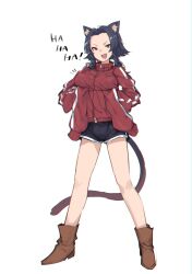 1girl animal_ear_fluff animal_ears bare_legs black_hair black_shorts boots braid braided_sidelocks breast_lift breasts bright_pupils brown_boots cat_ears cat_girl cat_tail commentary_request covered_groin curtained_hair dolphin_shorts english_text fang full_body hair_flowing_over hands_on_own_breasts highres jacket kamatpit large_breasts laughing looking_at_viewer notice_lines open_mouth original parted_bangs red_eyes red_jacket short_hair_with_long_locks short_shorts shorts sidelocks simple_background sleeves_past_fingers sleeves_past_wrists solo standing striped_sleeves tail track_jacket twin_braids v-shaped_eyebrows white_background white_pupils