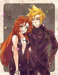 1boy 1girl aerith_gainsborough arm_around_back artist_name bare_shoulders black_dress black_jacket black_pants black_shirt black_suit blonde_hair blue_eyes bracelet breasts briana_white brown_hair cleavage closed_mouth cloud_strife cody_christian collared_shirt confetti cowboy_shot dress final_fantasy final_fantasy_vii final_fantasy_vii_rebirth final_fantasy_vii_remake formal_clothes green_eyes hair_between_eyes jacket jewelry kurohyn long_dress long_hair medium_breasts pants parted_bangs parted_lips plunging_neckline shirt short_hair sidelocks smile spiked_hair suit suit_jacket teeth