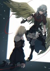 2girls angel_wings bang_dream! bang_dream!_it&#039;s_mygo!!!!! blonde_hair blue_hair corset doloris_(bang_dream!) domino_mask flower full_body gloves hair_ribbon hand_on_own_arm highres holding holding_flower kneeling lily_(flower) long_hair mask medium_hair misumi_uika multiple_girls oblivionis_(bang_dream!) ribbon rousei skirt string string_of_fate togawa_sakiko twintails wings yellow_eyes