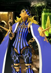 1boy adam_(fate) armor armored_boots armored_gloves avicebron_(fate) black_gloves black_leotard black_pantyhose blonde_hair blue_cape blue_leotard boots buttons cape covered_face cowboy_shot doll_joints fate/grand_order fate_(series) gloves gold_armor gold_mask hand_on_own_hip hand_up index_finger_raised joints konoe_ototsugu leotard long_hair male_focus mask multicolored_leotard official_art pantyhose solo standing stasis_tank striped_clothes striped_leotard third-party_source turtleneck two-tone_leotard variant_set vertical-striped_clothes vertical-striped_leotard