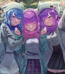 3girls absurdres alternate_costume animal_ear_headwear animal_earmuffs arm_hug beanie belt bibi_(tokoyami_towa) black_belt black_ribbon black_skirt blue_coat blue_eyes blue_hair blue_jacket blue_scarf blunt_bangs blurry blurry_background bokeh center_frills checkered_clothes checkered_skirt closed_eyes closed_mouth coat colored_inner_hair depth_of_field dress earmuffs fake_animal_ears frills green_eyes grey_belt hair_bun hair_ornament hair_ribbon hairclip hands_up hat hat_ornament highres hololive hoshimachi_suisei jacket long_hair looking_at_viewer minato_aqua multicolored_hair multiple_girls open_clothes open_coat open_jacket open_mouth pink_scarf plaid_clothes plaid_scarf pleated_skirt purple_hair purple_skirt ribbed_sweater ribbon scarf selfie shirt single_hair_bun single_side_bun skirt smile streaked_hair striped_clothes striped_scarf sweater sweater_dress tokoyami_towa upper_body vertical-striped_clothes vertical-striped_scarf virtual_youtuber white_dress white_hat white_jacket white_shirt white_sweater y&#039;=&#039;y