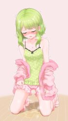 1girl absurdres bare_shoulders blush breath closed_eyes collarbone ear_blush embarrassed female_focus frilled_shirt frilled_shorts frills full_body green_hair green_shirt highres jacket jewelry kneeling long_sleeves medium_hair morinaka_kazaki necklace nijisanji nose_blush off_shoulder open_clothes open_jacket open_mouth pee peeing peeing_self pink_background pink_jacket pink_shorts pink_socks polka_dot polka_dot_shirt puddle raised_eyebrows shirt short_shorts shorts sidelocks simple_background sleeveless sleeveless_shirt socks solo spaghetti_strap steam striped_clothes striped_socks swept_bangs thighs trembling u_u urabe_miyabi virtual_youtuber wet wet_clothes wooden_floor