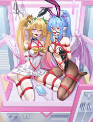 2girls absurdres alwen_du_moonbria arms_behind_back ball_gag bdsm black_pantyhose blonde_hair blue_hair bondage bound bound_ankles bound_arms bound_legs bound_wrists breast_bondage character_request crotch_rope dungeon_and_fighter feet gag gagged highres long_hair luai multiple_girls no_shoes pantyhose pointy_ears ponytail purple_eyes red_eyes red_rope restrained rope shibari shibari_over_clothes slave soles thighhighs twintails white_pantyhose white_thighhighs