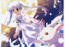 1girl :d absurdres rabbit dress fortune_arterial green_eyes highres hood hoodie mikeou moon open_mouth purple_hair smile tougi_shiro twintails white_legwear