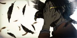 1boy animal arm_up bird black_feathers black_hair commentary_request crow falling_feathers fang feathers glowing glowing_eye hand_on_own_face jacket kuroko_no_basuke looking_ahead male_focus open_mouth orange_eyes orange_jacket profile solo takao_kazunari teeth tsubakiya upper_body
