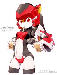 1girl big_firebird_toys bingshan breasts bubble_tea bubble_tea_challenge english_text highres humanoid_robot looking_down magic_henshin navel official_art red_eyes robot scarlet_sonic second-party_source small_breasts solo you&#039;re_doing_it_wrong