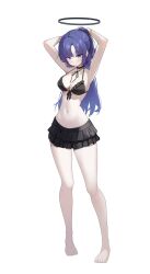 1girl adjusting_hair bikini black_halo blue_archive breasts frilled_bikini frills full_body halo highres mechanical_halo navel ponytail purple_eyes purple_hair simple_background solo sukoyaka_konbu swimsuit white_background yuuka_(blue_archive)