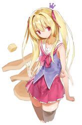 Rule 34 | 1girl, black thighhighs, blonde hair, blue shirt, flat chest, food, hair ribbon, highres, irotoridori no sekai, long hair, looking at viewer, miniskirt, nikaidou shinku, pancake, red eyes, red skirt, ribbon, sailor collar, shirt, simple background, sketch, skirt, solo, takakura, thighhighs, two side up, white background, zettai ryouiki
