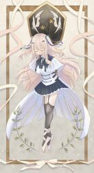 Rule 34 | 1girl, ankle strap, arms behind back, assault lily, ballet slippers, black ribbon, black skirt, black thighhighs, blue ribbon, blush, brown background, brown hair, brown ribbon, capelet, closed eyes, closed mouth, commentary, emblem, full body, garter straps, gradient background, grey background, hair ornament, hair ribbon, hairclip, highres, leaning forward, light particles, long hair, long sleeves, miniskirt, neck ribbon, ookawa miya, picture frame, pleated skirt, ribbon, school uniform, shirt, shoes, sidelocks, skirt, solo, tada shiera, thighhighs, tiptoes, two side up, underbust, very long hair, waist cape, white capelet, white shirt, white shoes, yurigaoka girls academy school uniform