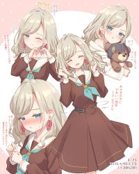 Rule 34 | 1girl, :d, ;), ^ ^, absurdres, animalization, aqua neckerchief, bare shoulders, blue eyes, blush, breasts, brown dress, ceras yanagida lilienfeld, character doll, closed eyes, closed mouth, collarbone, commentary request, cowboy shot, dated, drawn crown, dress, facing viewer, grey hair, hair intakes, hair ornament, hair ribbon, hanazora satsuki, hands up, hasu no sora school uniform, heart, heart hands, highres, link! like! love live!, long hair, long sleeves, looking at viewer, love live!, medium breasts, medium dress, neckerchief, nose blush, off shoulder, one eye closed, open mouth, pink ribbon, pleated dress, ribbon, sailor collar, sailor dress, school uniform, simple background, smile, split mouth, stuffed animal, stuffed toy, swept bangs, teddy bear, translation request, triangle hair ornament, v-shaped eyebrows, virtual youtuber, white background, white sailor collar, winter uniform