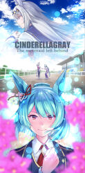 Rule 34 | 2girls, absurdres, animal ears, black pantyhose, blue eyes, blue hairband, blue pants, blue sailor collar, blue shorts, blue sky, blurry, blurry foreground, bob cut, bow, braid, brown eyes, clenched hand, closed mouth, cloud, cloudy sky, commentary, commentary request, commission, copyright name, crown braid, day, depth of field, ear ornament, ear ribbon, english commentary, english text, folded ponytail, fujimasa march (umamusume), fuugetsu makoto, grey hair, gym shirt, gym shorts, hair ornament, hairband, handshake, highres, horse ears, horse girl, horse tail, kasamatsu tracen training uniform, long hair, long sleeves, looking at another, looking at viewer, looking to the side, mixed-language commentary, multiple girls, multiple views, oguri cap (umamusume), outdoors, pants, pantyhose, pantyhose under shorts, ponytail, race bib, racetrack, sailor collar, shirt, shoes, short hair, short sleeves, shorts, skeb commission, sky, smile, t-shirt, tail, track pants, umamusume, umamusume: cinderella gray, white shirt, white shoes