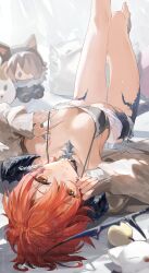 1girl absurdres au_ra barefoot black_bra bra breasts brown_jacket dragon_girl dragon_horns dragon_tail fat_cat_(ff14) final_fantasy final_fantasy_xiv highres horns jacket looking_at_viewer lying moogle on_back open_clothes open_jacket orange_hair panties scales shikina_(mochigushi_) side-tie_panties signature solo stuffed_animal stuffed_toy tail underwear warrior_of_light_(ff14) yellow_eyes