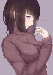 1girl absurdres arhah bob_cut breasts brown_hair brown_sweater grey_background hand_up highres lips long_sleeves looking_at_viewer looking_to_the_side medium_hair original parted_lips profile purple_eyes ribbed_sweater simple_background smile solo sweater turtleneck turtleneck_sweater upper_body