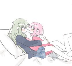 2girls between_legs black_jacket blue_skirt closed_mouth commentary_request green_hair hand_on_another&#039;s_back highres hood hoodie jacket korean_commentary kusanagi_nene long_hair multiple_girls ootori_emu open_mouth pink_hair pink_hoodie plaid_clothes plaid_skirt pleated_skirt project_sekai purple_eyes short_hair simple_background skirt smile wheloo3rd white_background yuri