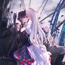 2girls arcaea black_choker black_dress black_hair blue_eyes blush chinese_commentary choker closed_eyes closed_mouth cloud commentary_request couple dress facing_another frilled_dress frilled_sleeves frilled_wrist_cuffs frills glass_shards grey_sky hair_intakes hand_on_another&#039;s_back head_wreath high_heels highres hikari_(arcaea) hikari_(reunion)_(arcaea) long_hair long_sleeves looking_at_another multiple_girls muonrei00 off-shoulder_dress off_shoulder on_lap playing_with_another&#039;s_hair shoes short_sleeves sitting sky smile tairitsu_(arcaea) tairitsu_(reunion)_(arcaea) twintails very_long_hair white_hair white_shoes wrist_cuffs yuri