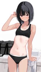 1girl absurdres bag black_hair black_panties black_sports_bra blunt_bangs blush bob_cut_girl_(memekko) breasts brown_eyes closed_mouth commentary_request highres looking_at_viewer medium_hair memekko navel original panties school_bag simple_background small_breasts solo sports_bra standing stomach tan tanline thighs underwear white_background