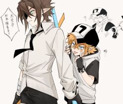 2boys :p akanbe anger_vein anmicius aotu_world aqua_eyes bandaged_arm bandages baseball_cap black_gloves black_hat black_necktie black_pants blonde_hair blue_eyes brown_hair chinese_commentary chinese_text collared_shirt doodle_inset eyelid_pull fingerless_gloves gloves hair_between_eyes hand_on_own_face hat heqing45184 highres holding holding_sword holding_weapon hood hoodie king_(aotu_world) looking_at_another male_focus multiple_boys necktie pants parted_lips pointy_ears shirt short_hair short_sleeves simple_background speech_bubble sword tongue tongue_out weapon white_background white_hoodie white_shirt yaoi
