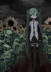 1girl black_skirt detached_sleeves empty_eyes expressionless field flower flower_field green_hair green_necktie grey_sky hatsune_miku highres lei_404_0 long_hair necktie number_tattoo shirt skirt sky sunflower sunflower_field tattoo twintails very_long_hair vocaloid white_shirt
