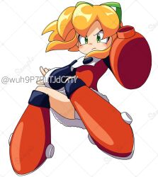 arm_cannon blonde_hair dress green_eyes grey_background high_ponytail long_hair mega_man_(classic) mega_man_(series) ponytail red_dress robot_girl roll_(mega_man) sample_watermark simple_background watermark weapon wuh9p7bltjdctiy