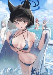 Rule 34 | 4girls, absurdres, animal ear fluff, animal ears, arm up, armpits, bare arms, bare shoulders, bikini, black bikini, black eyes, black hair, blue archive, blue bikini, blue haori, blush, braid, breasts, cat ears, cat girl, cat tail, closed eyes, denim, denim shorts, dragon girl, dragon horns, dragon tail, flower, grin, hair flower, hair ornament, hand on own hip, haori, highres, horns, japanese clothes, kikyou (blue archive), kikyou (swimsuit) (blue archive), large breasts, long hair, multiple girls, nagusa (blue archive), nagusa (swimsuit) (blue archive), navel, official alternate costume, official alternate hairstyle, open mouth, parted bangs, ponytail, red eyes, red flower, red hair, renge (blue archive), renge (swimsuit) (blue archive), short shorts, shorts, single braid, single horn, smile, stomach, swimsuit, tail, wanderlucia, wet, white bikini, white eyes, white hair, yellow bikini, yukari (blue archive), yukari (swimsuit) (blue archive)