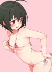 1girl absurdres ahoge bare_arms bare_shoulders bikini black_hair blush breasts brown_eyes cowboy_shot embarrassed from_side hand_up highres idolmaster idolmaster_cinderella_girls kohinata_miho komodj looking_back medium_breasts micro_bikini navel open_mouth pink_background raised_eyebrows red_bikini short_hair side-tie_bikini_bottom signature simple_background solo standing straight_hair strap_pull swimsuit twitter_username