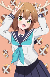 1girl absurdres antlers aqua_neckerchief arms_up blue_sailor_collar blue_skirt brown_hair commentary_request deer_antlers deer_cracker deer_girl gesture green_eyes highres horns hosinonana long_sleeves neckerchief open_mouth pleated_skirt sailor_collar school_uniform serafuku shikanoko_noko shikanoko_nokonoko_koshitantan shirt short_hair skirt solo white_shirt