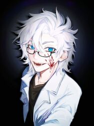 1boy black-framed_eyewear black_background blood blood_on_face blue_eyes brown_shirt chinese_commentary commentary_request glasses hair_between_eyes highres kanou_aogu lab_coat male_focus mo_yixia_zenmele open_clothes open_mouth saibou_shinkyoku shirt short_hair smile solo upper_body v-neck variant_set white_hair