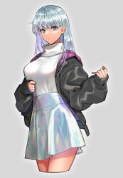 1girl black_jacket closed_mouth commentary_request cropped_legs expressionless green_eyes grey_background grey_hair highres hood hood_down hooded_jacket iridescent jacket long_hair long_sleeves looking_at_viewer nail_polish open_clothes open_jacket original shirt shirt_tucked_in simple_background skirt solo taka_oedo turtleneck turtleneck_shirt white_shirt