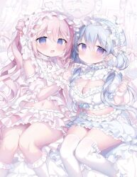 2girls blue_hair blue_shirt blush bow breasts cleavage cleavage_cutout clothing_cutout collar frills hair_bow hair_ornament kneehighs large_breasts long_hair midriff multiple_girls navel open_mouth original pink_hair pink_shirt pink_skirt purple_eyes ribbon shirt skirt smile socks thighhighs thighs tsukimi_mumi white_bow white_skirt white_thighhighs