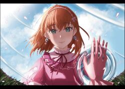 Rule 34 | 1girl, absurdres, aqua eyes, blue sky, blush, closed mouth, cloud, commentary request, crossed bangs, dress, earrings, female pov, flower earrings, frilled dress, frilled gloves, frills, gloves, grass, highres, hinoshita kaho, jewelry, letterboxed, link! like! love live!, looking at viewer, love live!, medium hair, michisato, official alternate costume, orange hair, pink dress, pink gloves, pov, reflection, reflection focus, reflection in the mirror (love live!), reflective water, sky, smile, solo, two side up, upper body, virtual youtuber