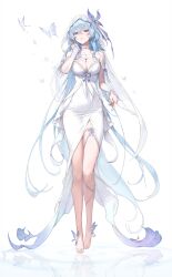 1girl absurdres alternate_costume bare_legs bare_shoulders barefoot blue_hair breasts bridal_veil bride cleavage collarbone colored_eyelashes commentary dress earrings feet hair_between_eyes hand_up hashtag-only_commentary highres jewelry large_breasts legs long_hair looking_at_viewer purple_eyes shorekeeper_(wuthering_waves) simple_background solo veil very_long_hair wedding_dress white_background white_dress white_veil wuthering_waves youngjoo_kjy