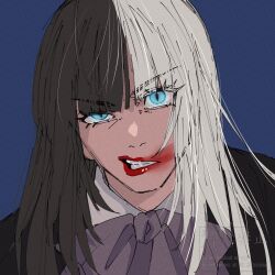 1boy androgynous angry black_hair black_trim blue_background blue_eyes bow clenched_teeth commentary_request crossdressing crossdressing_(mtf) dress dress_bow film_grain grey_bow highres jiip_stomach kamen_rider kamen_rider_gavv_(series) lipstick long_hair looking_at_viewer makeup male_focus multicolored_hair portrait red_lips slit_pupils smeared_lipstick solo syatimaru36 teeth tokusatsu two-tone_hair upper_body white_dress white_hair