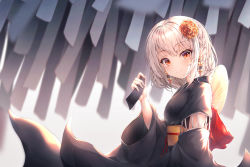 Rule 34 | 1girl, absurdres, azur lane, black kimono, blurry, blurry background, blush, breasts, butterfly earrings, closed mouth, commentary request, depth of field, earrings, flower, hair flower, hair ornament, hand fan, hand up, highres, holding, holding tanzaku, ichizon, japanese clothes, jewelry, kimono, long sleeves, looking at viewer, looking to the side, obi, paper fan, red eyes, red flower, sash, silver hair, sirius (azur lane), small breasts, smile, solo, tanabata, tanzaku, uchiwa, upper body, wide sleeves