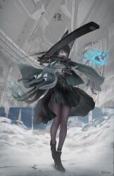 1girl 6ix.x.x absurdres animal_ear_fluff animal_ears arm_out_of_sleeve arm_up black_gloves black_hair black_necktie black_shoes black_skirt blue_fire blue_hair blunt_bangs bright_pupils brown_pantyhose eyeball fingerless_gloves fire floating fog fox_ears full_body gauntlets gloves green_jacket hand_up high-waist_skirt high_heels highres holding holding_sheath holding_weapon hoshimi_miyabi jacket long_hair long_sleeves looking_to_the_side multicolored_hair necktie open_clothes open_jacket pantyhose red_eyes scabbard sheath sheathed shirt shirt_tucked_in shoes single_fingerless_glove single_gauntlet skirt standing standing_on_one_leg sword tailless_(zenless_zone_zero) two-tone_hair very_long_hair weapon white_shirt wide_sleeves zenless_zone_zero