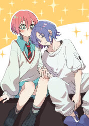 1boy 1girl amate_yuzuriha aqua_eyes blue_hair blush closed_eyes collared_shirt gundam gundam_gquuuuuux hetero highres holding_hands long_sleeves looking_at_another nanashino_(7shino_gs) necktie pants red_hair school_uniform shirt short_hair shuji_ito side-by-side sitting skirt sleeping sparkle sweater white_shirt