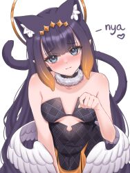 1girl :3 animal_ears arraveri bare_arms bare_shoulders black_collar black_dress black_hair blue_eyes blunt_bangs blush breasts cat_ears cat_girl cat_tail center-flap_bangs closed_mouth collar commentary cutout_above_navel dress extra_ears feathered_wings fur-trimmed_collar fur_trim gradient_hair halo headpiece highres hime_cut hololive hololive_english kemonomimi_mode long_hair looking_at_viewer low_wings mole mole_under_eye multicolored_hair ninomae_ina&#039;nis ninomae_ina&#039;nis_(1st_costume) orange_hair paw_pose pointy_ears short_dress shoulder_blush sidelocks small_breasts smile solo straight_hair strapless strapless_dress symbol-only_commentary tail tentacle_hair tube_dress upper_body very_long_hair virtual_youtuber white_background wings