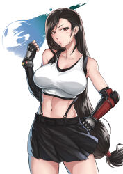1girl absurdres black_hair black_skirt breasts clenched_hands cowboy_shot crop_top earrings elbow_gloves final_fantasy final_fantasy_vii final_fantasy_vii_remake fingerless_gloves gloves hand_on_own_hip hand_up highres jewelry large_breasts long_hair low-tied_long_hair materia meteor mihiro_(mitumitu3232ish) miniskirt navel red_eyes simple_background skirt solo stomach suspender_skirt suspenders tank_top tifa_lockhart very_long_hair white_background white_tank_top