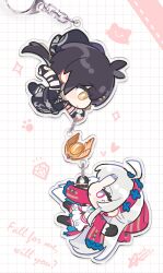 Rule 34 | 2girls, absurdres, ahoge, black bow, black dress, black gloves, black hair, bow, bright pupils, carlotta (wuthering waves), chibi, chibi only, commentary request, dress, female rover (wuthering waves), gloves, grey eyes, grey hair, hair bow, hairband, highres, long hair, maysrain5, multicolored eyes, multiple girls, pink bow, pink eyes, pink hairband, reaching, reaching towards another, rover (wuthering waves), smile, striped bow, two-tone eyes, white dress, white pupils, wuthering waves, yellow eyes