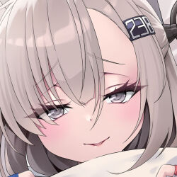 1girl blush close-up dakimakura_(medium) grey_eyes grey_hair hair_between_eyes hair_ornament headgear kantai_collection kochipu long_hair looking_at_viewer open_mouth parted_lips portrait scarf simple_background smile solo wahoo_(kancolle) white_background white_scarf