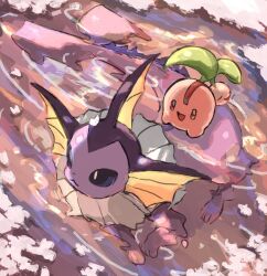 black_eyes brown_eyes cherubi closed_eyes closed_mouth commentary dutch_angle fins fish_tail from_above full_body gen_1_pokemon gen_4_pokemon head_fins highres multiple_heads nintendo no_humans oisisabatugun open_mouth outdoors pokemon pokemon_(creature) riding riding_pokemon smile snow swimming symbol-only_commentary tail vaporeon water