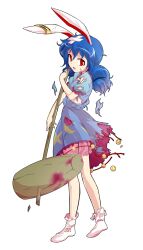 1girl alphes_(style) animal_ears bandages bloomers blue_hair commentary_request dairi defeat dress earclip full_body highres holding kine large_variant_set long_hair mallet parody puffy_short_sleeves puffy_sleeves rabbit_ears seiran_(touhou) short_dress short_sleeves socks solo style_parody tachi-e tears torn_clothes touhou transparent_background underwear variant_set