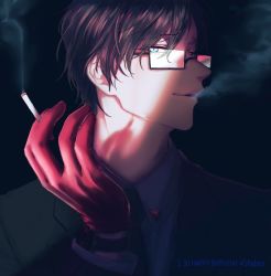 1boy black_background black_suit blowing_smoke blue_eyes brown_hair cigarette formal_clothes glasses gloves happy_birthday hypnosis_mic iruma_jyuto male_focus necktie owo_hpm red_gloves shadow simple_background smoke solo suit upper_body watch wristwatch