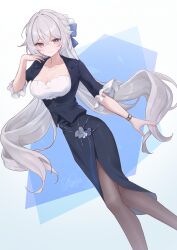 1girl absurdres black_jacket black_pantyhose black_skirt blue_ribbon breasts bronya_zaychik bronya_zaychik_(outstanding_attitude) bronya_zaychik_(silverwing:_n-ex) cleavage closed_mouth commentary_request crossed_bangs feet_out_of_frame frilled_sleeves frills grey_eyes grey_hair hair_between_eyes hair_ribbon highres honkai_(series) honkai_impact_3rd jacket jewelry large_breasts long_hair long_skirt necklace official_alternate_costume pantyhose ribbon rinna_(xxrinna) shirt signature skirt smile solo suit_jacket twitter_username very_long_hair white_shirt