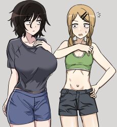 2girls absurdres asai_akira black_hair blonde_hair breast_envy breasts commentary creator_connection crossover dagashi_kashi endou_saya hair_ornament hairclip highres large_breasts messy_hair midriff multiple_girls nankyoku_(gfey8832) panties panty_peek sanpaku shirt short_shorts shorts side-tie_panties simple_background small_breasts sports_bra t-shirt twintails underwear yofukashi_no_uta