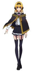 Rule 34 | 1girl, anime coloring, belt, black capelet, black skirt, black thighhighs, blonde hair, blue eyes, breasts, capelet, closed mouth, collared shirt, full body, garter straps, hair ribbon, hairband, highres, lihanna owenzaus, loafers, long hair, looking at viewer, miniskirt, official art, ono sayaka, open hand, ribbon, shirt, shoes, simple background, skirt, solo, standing, thighhighs, thighs, transparent background, tsue to tsurugi no wistoria, very long hair, white shirt