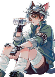 Rule 34 | 1boy, absurdres, animal ear fluff, animal ears, bandaged leg, bandages, black choker, black gloves, black shorts, blush, boots, bottle, brown hair, cat boy, cat ears, cat tail, choker, collarbone, commentary request, feet out of frame, fingerless gloves, gloves, green boots, green eyes, green jacket, highres, holding, holding bottle, jacket, knees up, lace-up boots, long sleeves, looking at viewer, male focus, open clothes, open jacket, open mouth, original, short hair, shorts, simple background, sitting, socks, solo, suzaku (zaku6584), tail, twitter username, water bottle, white background, white socks