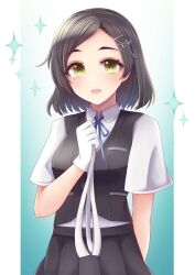 Rule 34 | black hair, black skirt, black vest, blue background, blue ribbon, collared shirt, commentary request, commission, dress shirt, gloves, gradient background, green eyes, highres, holding, holding ribbon, kantai collection, kuroshio (kancolle), kuroshio kai ni (kancolle), nagi kantai114, neck ribbon, open mouth, pleated skirt, ribbon, school uniform, shirt, short hair, skeb commission, skirt, smile, sparkle, vest, white gloves, white ribbon, white shirt